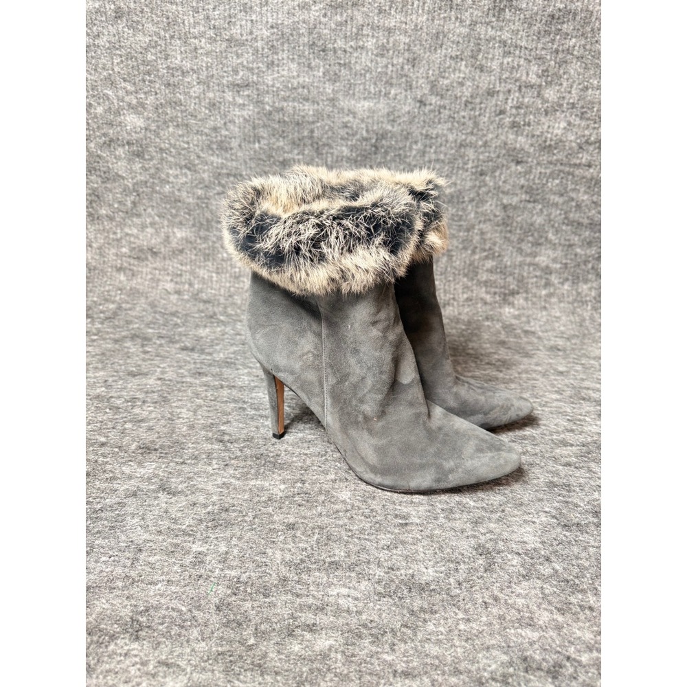 Antonio Melani Kylan Grey Suede Rabbit Fur Trim Pointed Stiletto Ankle Boots 9M